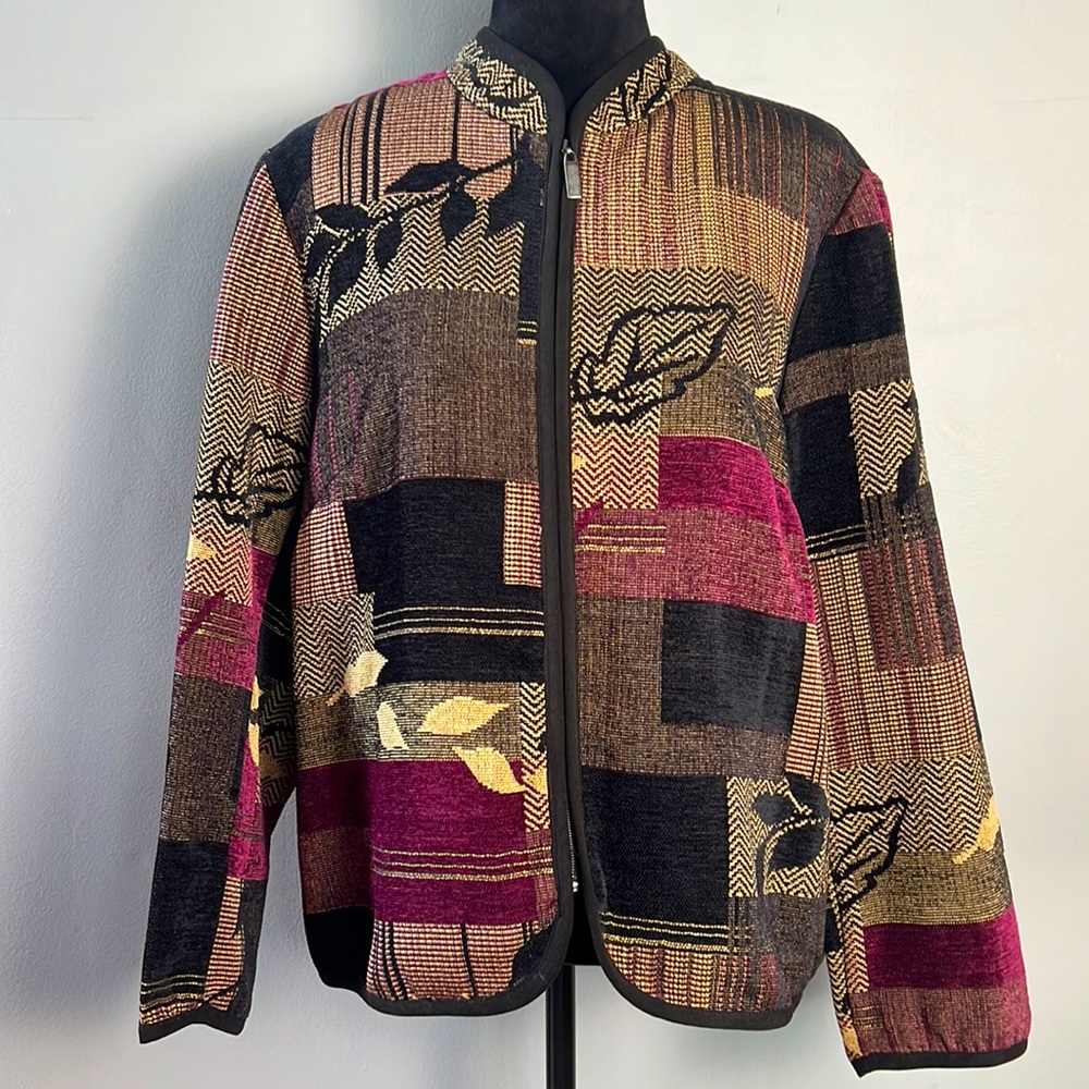 🍁 Vintage Carpet Tapestry Fall Leaves Full Zip Lightweight Jacket Coat - Picture 3 of 5